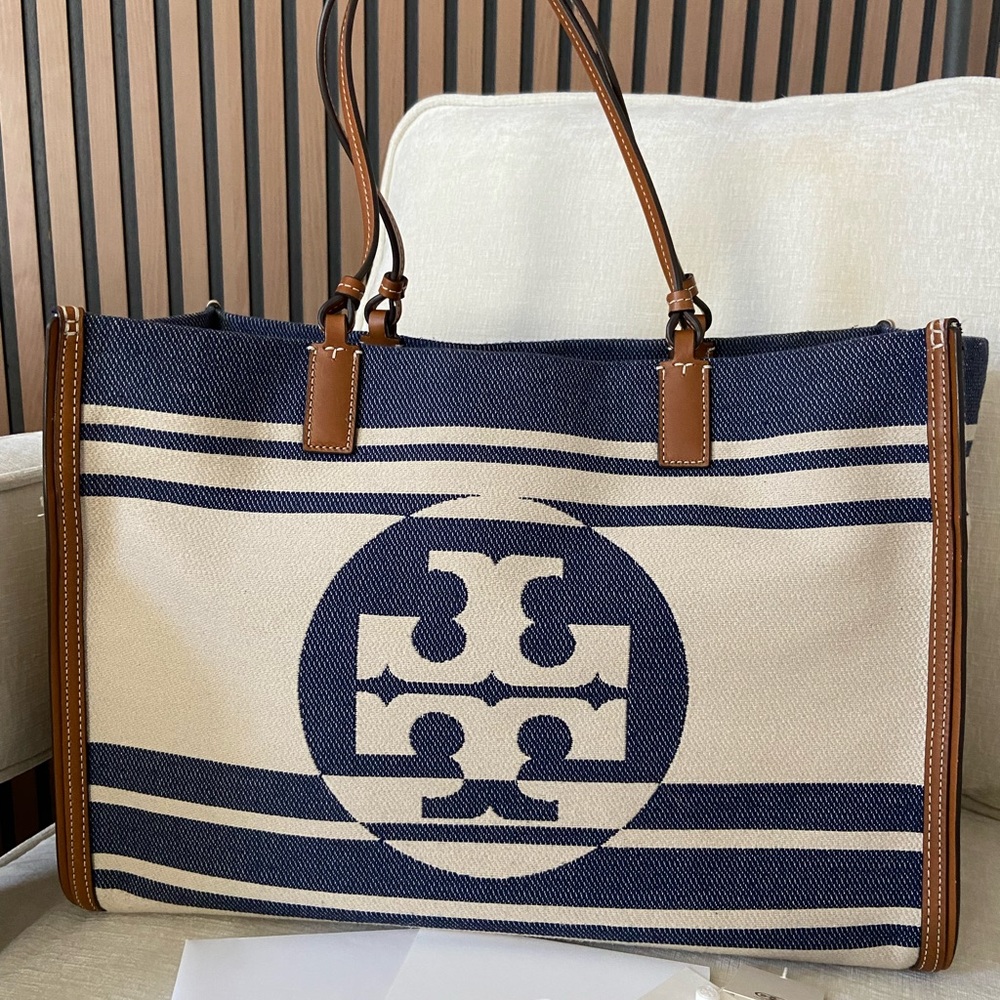 Tory Burch Ella Jacquard Stripe Tote bag navy blue w/tags
